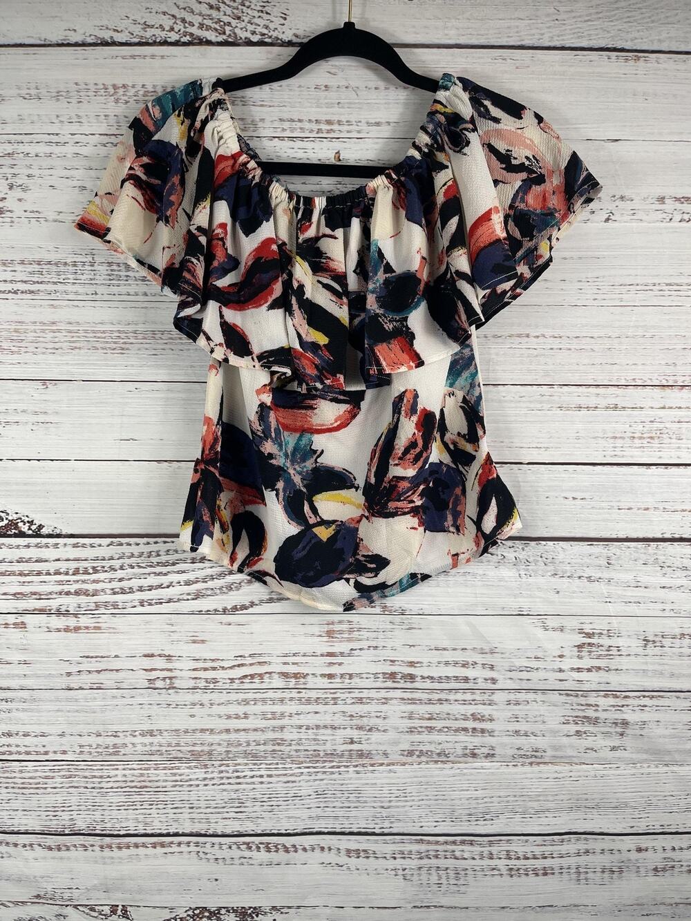 Bar III Blouse Women's XS White Combo Ruffle Off Shoulder Floral Top NWT Summer